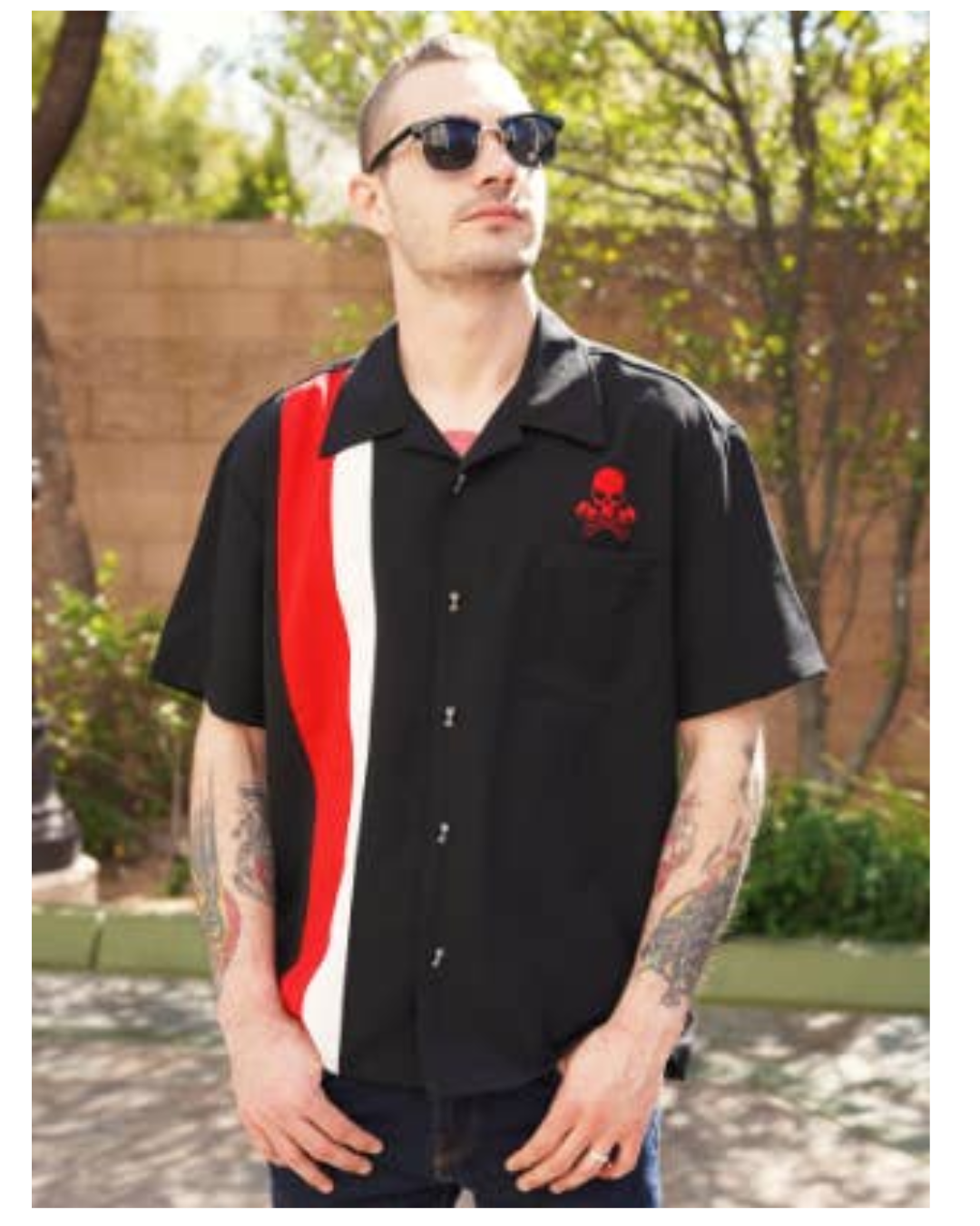 Men's Bowling Shirt - Skull Piston Racer Black/Red/White - Curvique Vintage