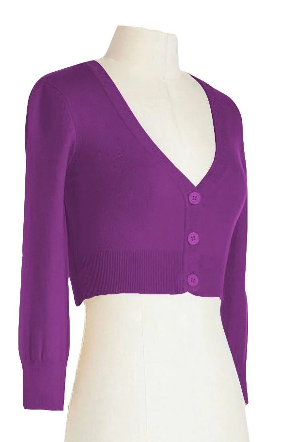 MAK Cropped Retro Style 3/4 Sleeve Cardigan - Purple (Plus Size) - Curvique Vintage