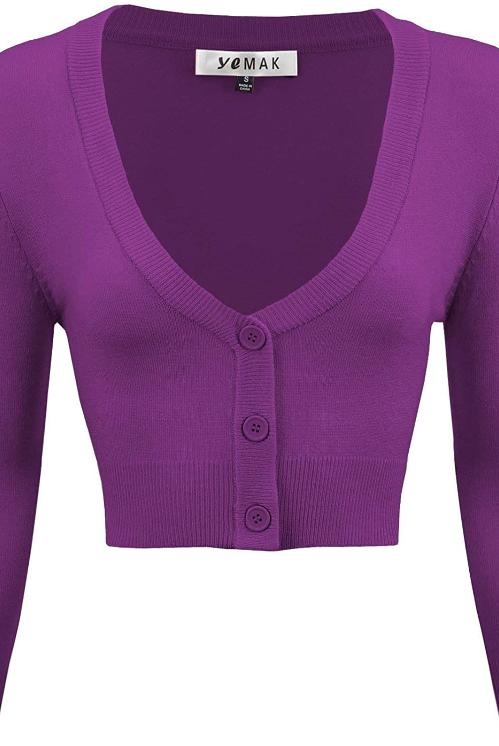 MAK Cropped Retro Style 3/4 Sleeve Cardigan - Purple (Plus Size) - Curvique Vintage