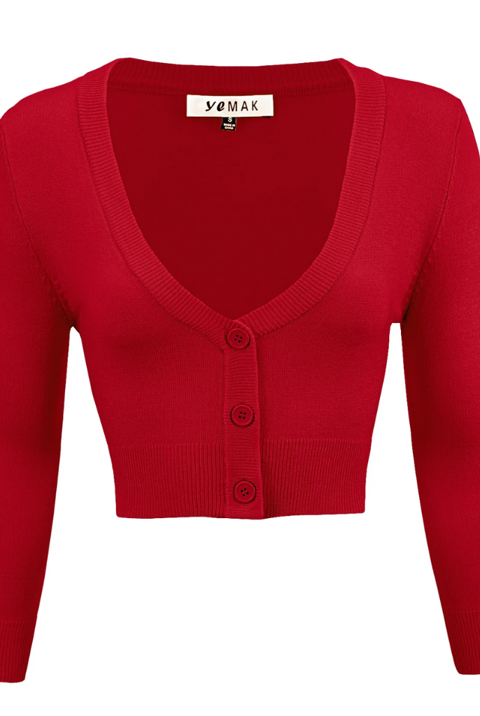 MAK Red Retro Style 3/4 Sleeve Cardigan Small - Curvique Vintage