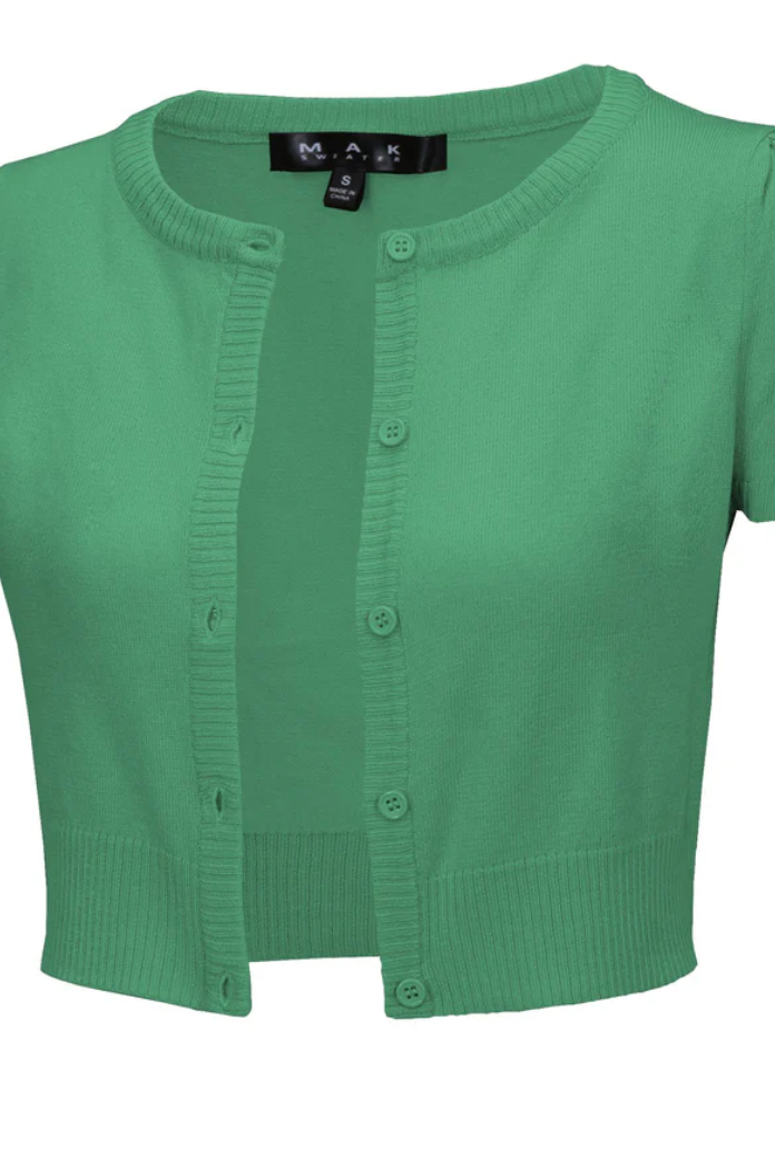 Short Sleeve Spring Green Crewneck Knit Bolero - Curvique Vintage