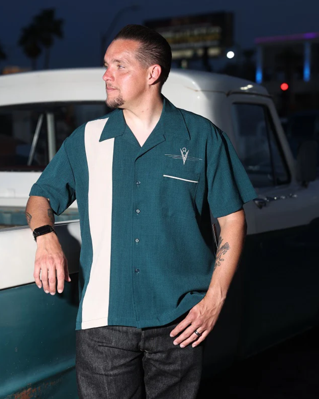 Men's Classic V8 Bowling Shirt - in Teal/Stone - Curvique Vintage