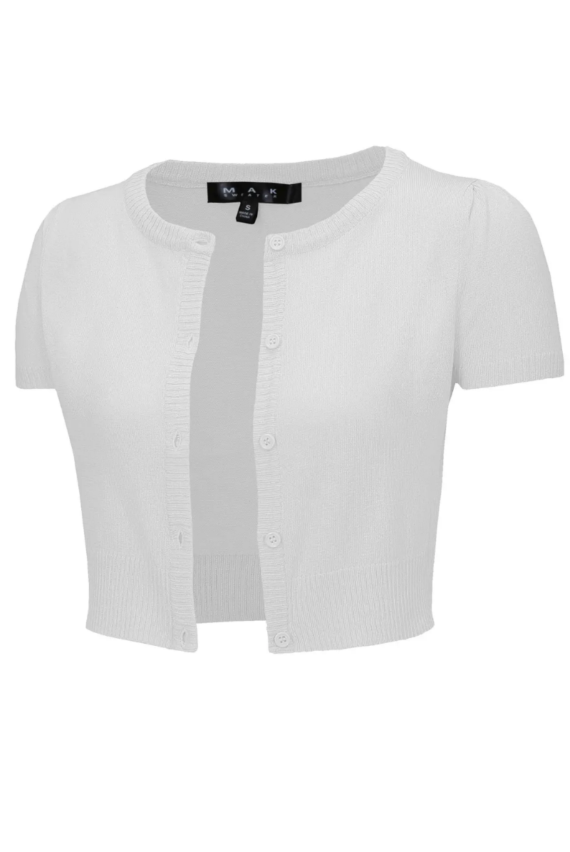 Short Sleeve WHIITE Crewneck Vintage Inspired Knit Bolero - Curvique Vintage