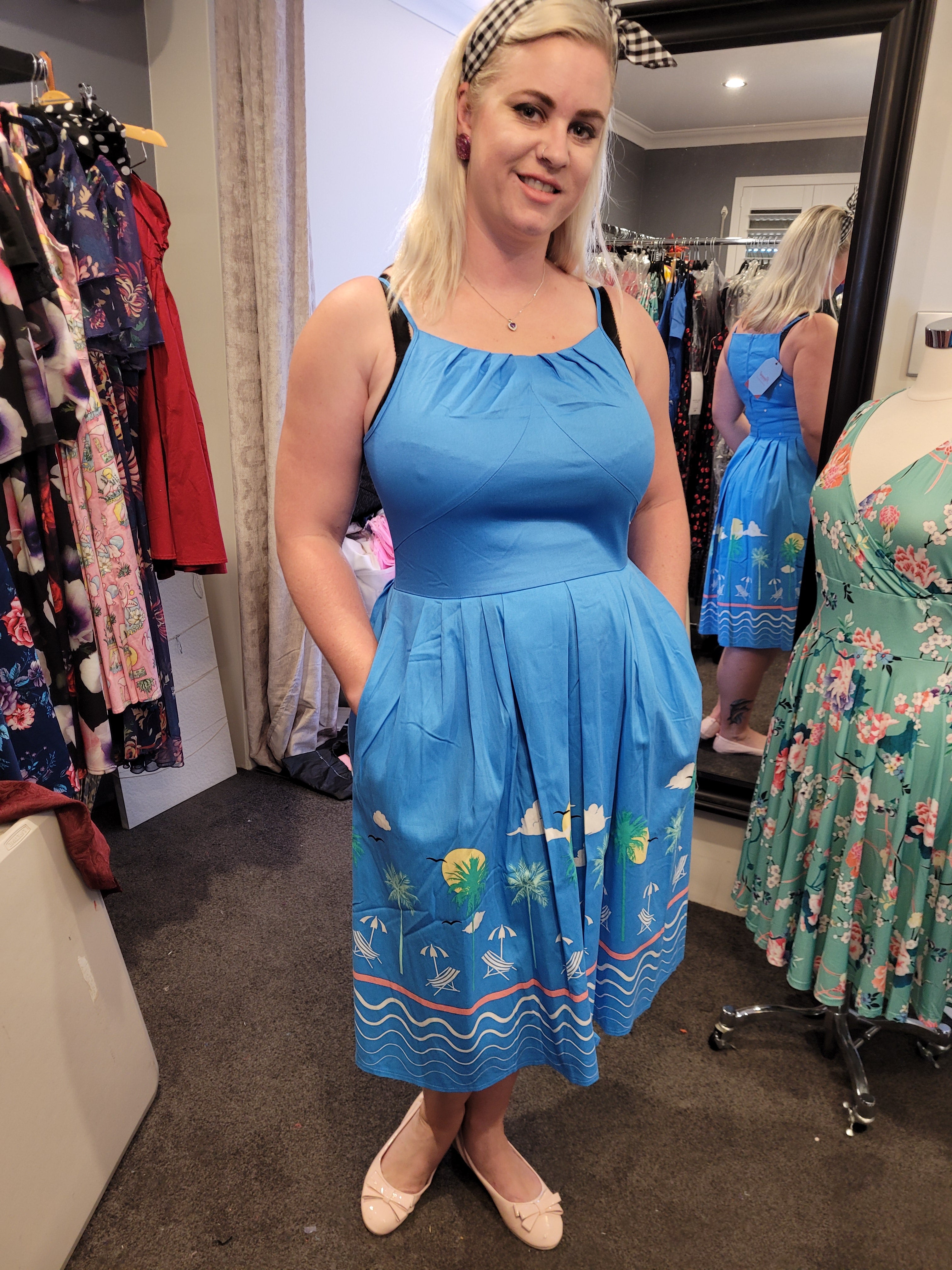 Banned Apparel Light Blue 50s Vintage Style Strappy Cotton Dress - Curvique Vintage