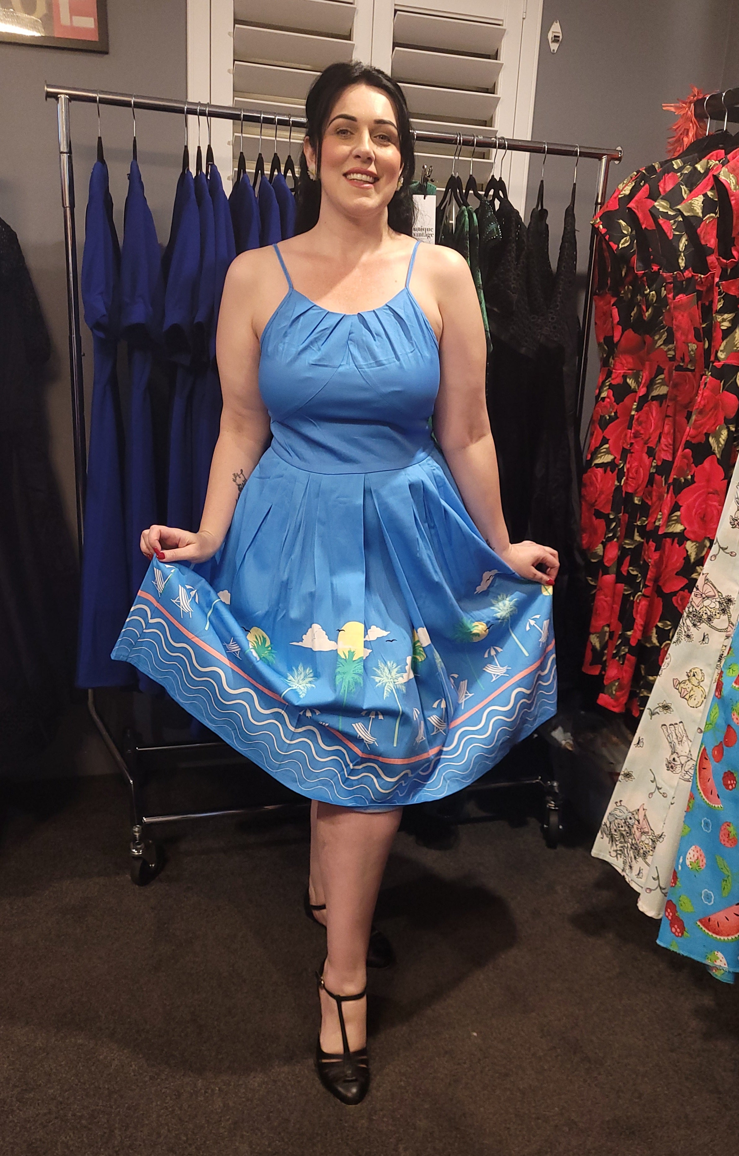 Banned Apparel Light Blue 50s Vintage Style Strappy Cotton Dress - Curvique Vintage
