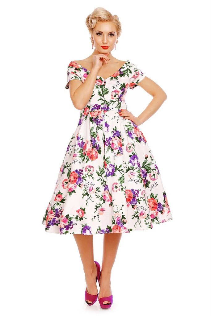 dolly and dotty lilly off the shoulder white floral swing dress