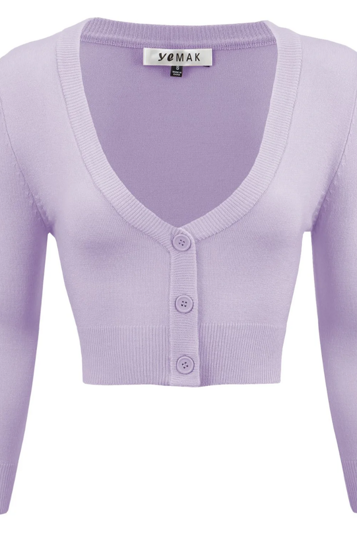 MAK Cropped Lilac Retro Style 3/4 Sleeve Cardigan - Curvique Vintage