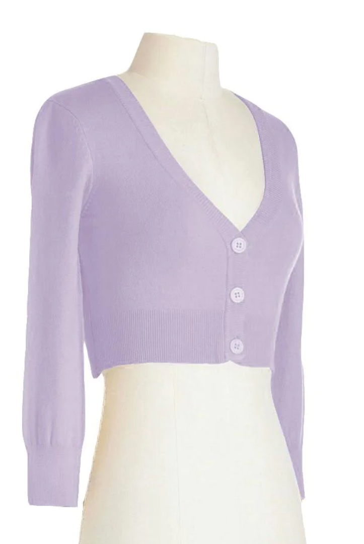 MAK Cropped Lilac Retro Style 3/4 Sleeve Cardigan - Curvique Vintage