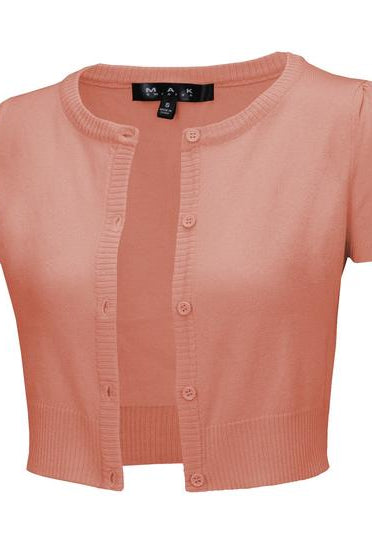 MAK Cropped Peach Beige Button Down Short Sleeve Bolero - Curvique Vintage