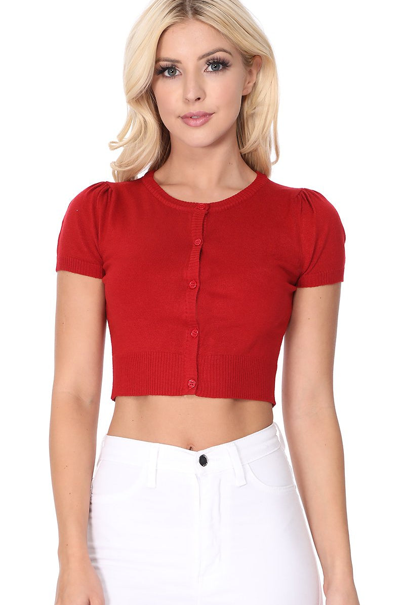 MAK Cropped Red Button Down Short Sleeve Bolero - Curvique Vintage