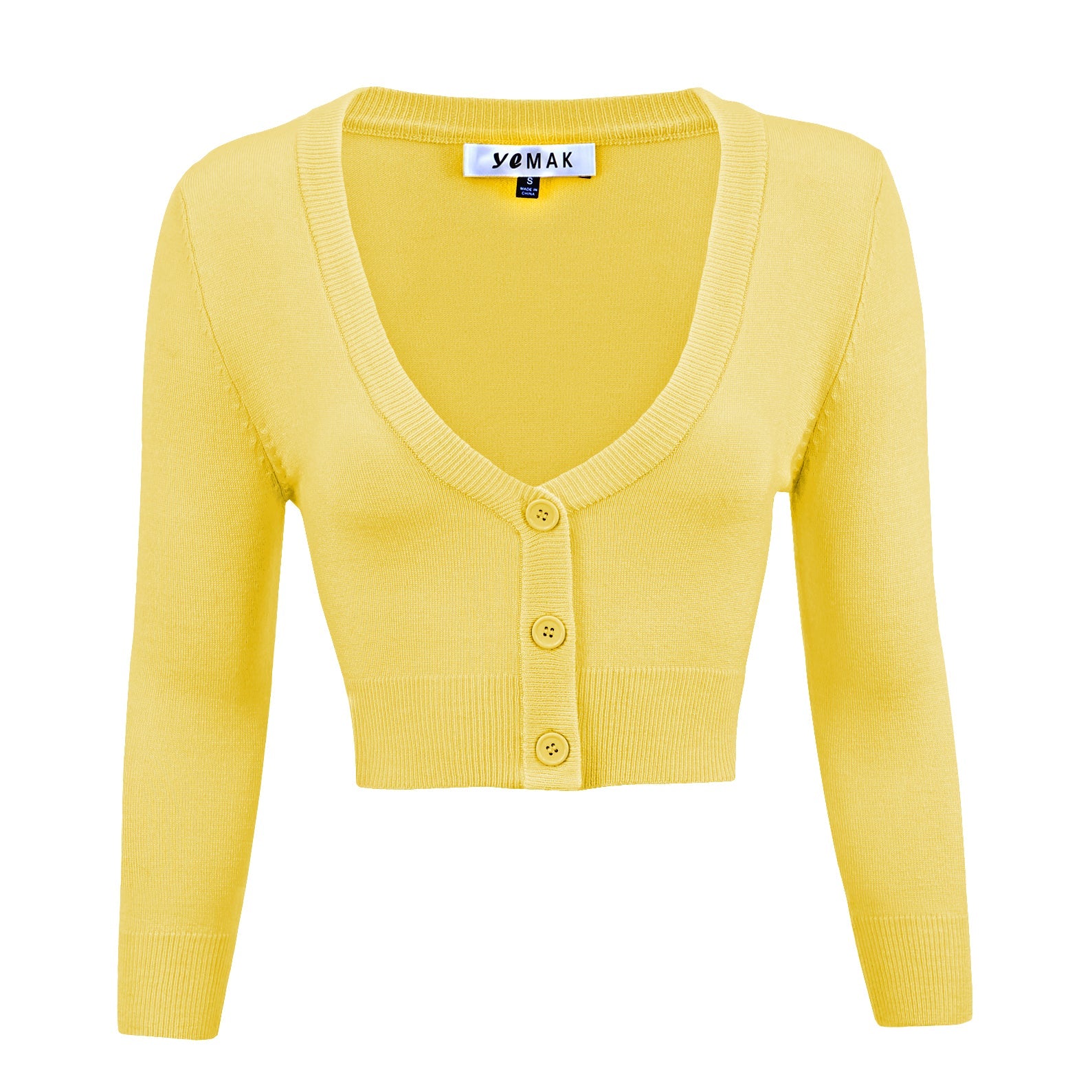 MAK Cropped Baby Yellow Retro Style 3/4 Sleeve Cardigan Plus