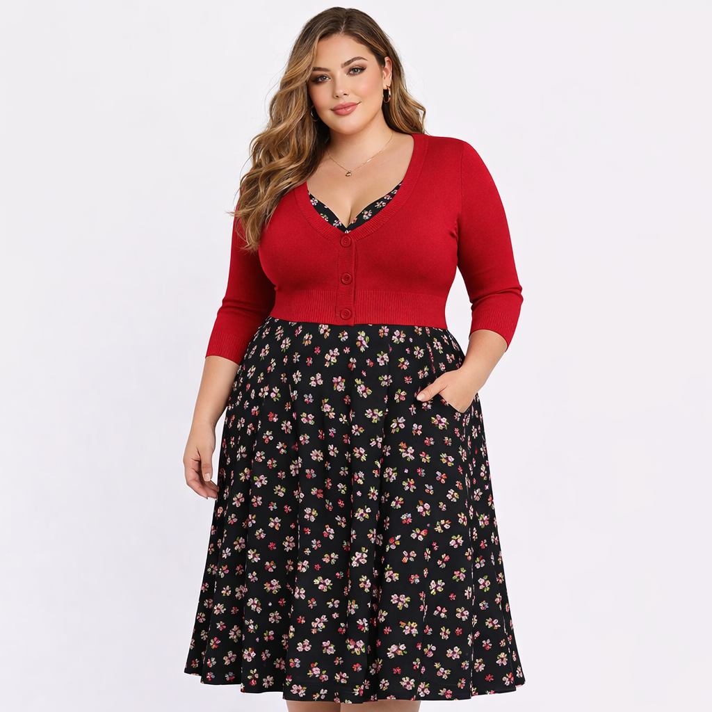 PLUS SIZE MAK RED Retro Style 3/4 Sleeve Cardigan - Curvique Vintage