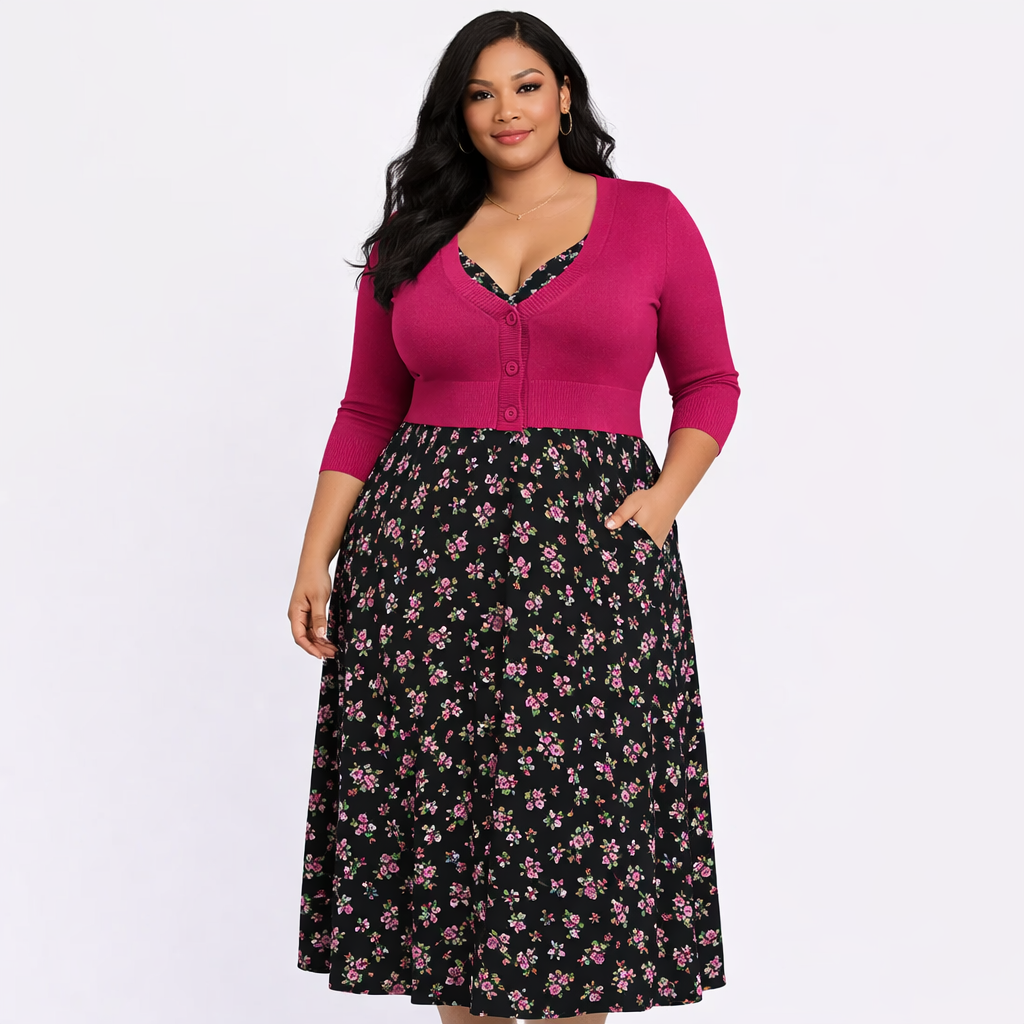 PLUS SIZE MAGENTA RED Retro Style 3/4 Sleeve Cardigan - Curvique Vintage