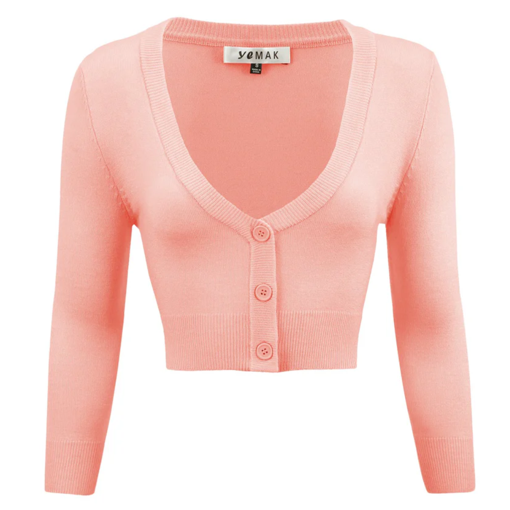 MAK Cropped 3/4 Sleeve V-Neck Bolero Cardigan - Peach Beige - Curvique Vintage
