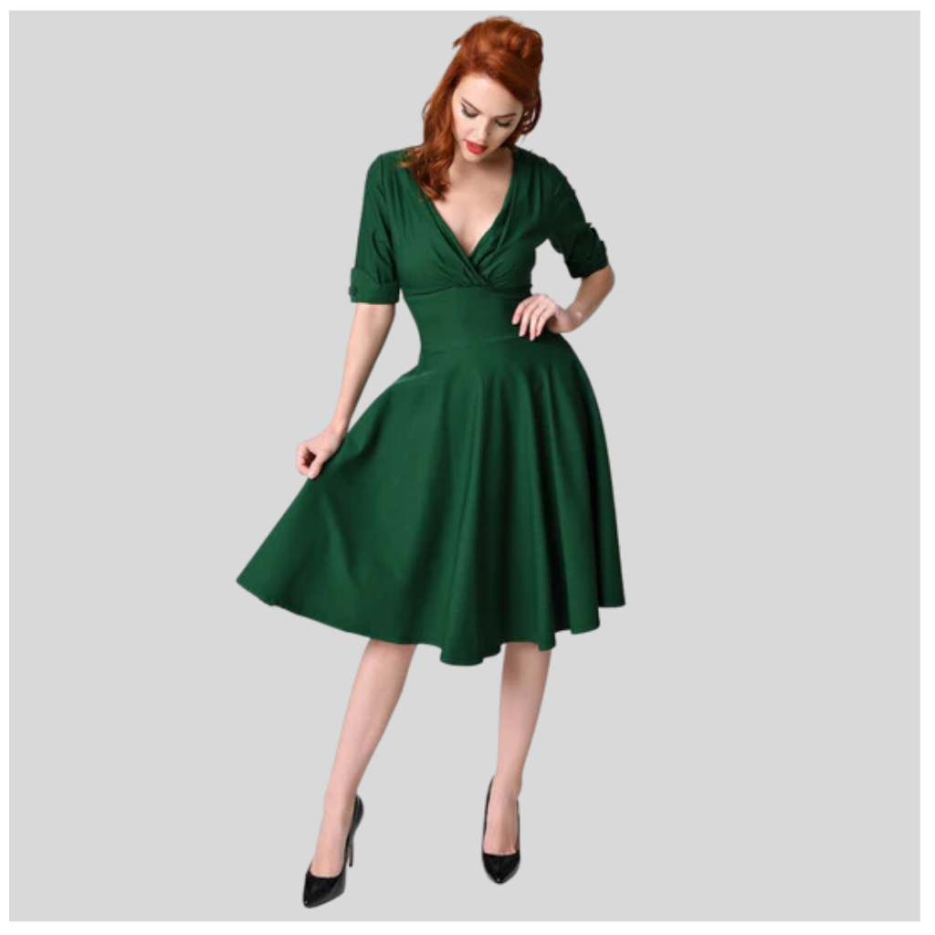 Unique Vintage 50s Emerald Green Delores Swing Dress to Size 26 - Curvique Vintage