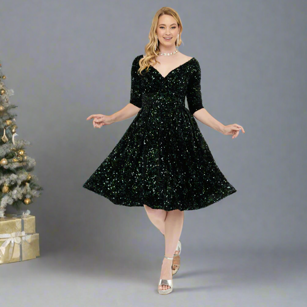 1950s Green Velvet Sequin Marceline 50s Swing Dress