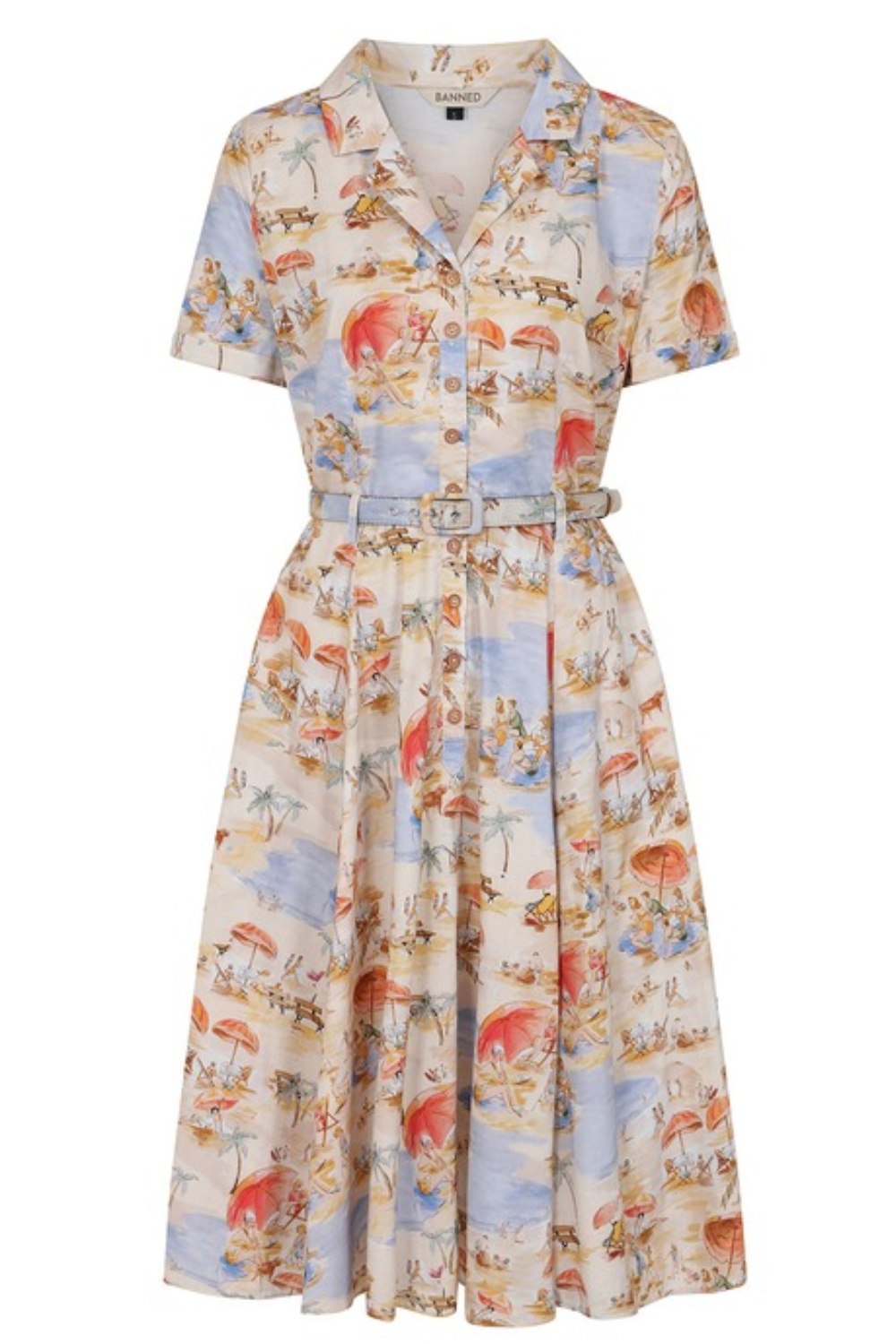 Bella Cream Retro Beach Print Cotton Dress - Curvique Vintage