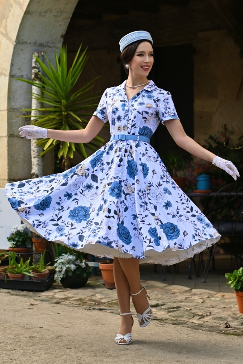 Maribel Blue Garden 50s Vintage Style Swing Dress - Curvique Vintage