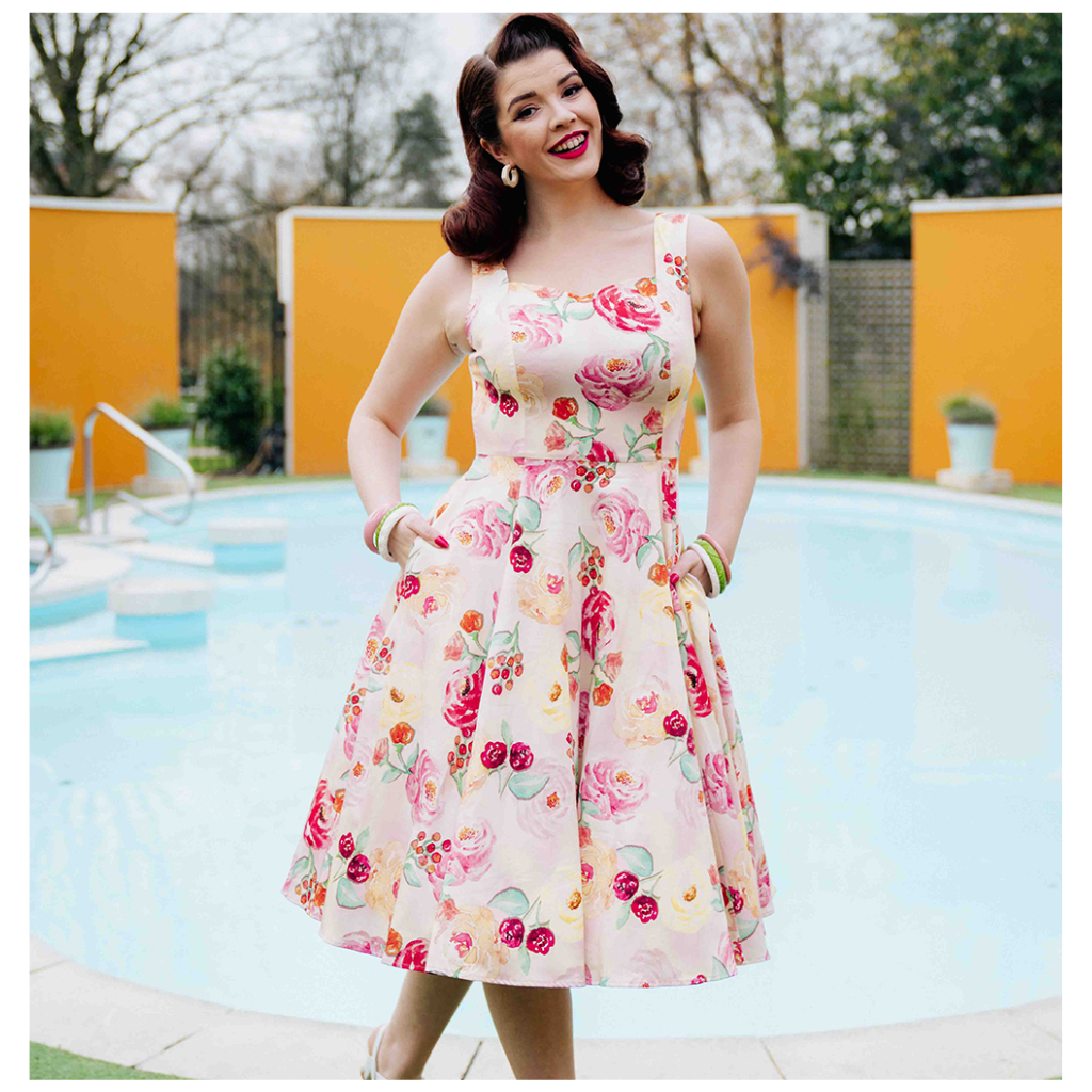Annie Pink Floral 50s Vintage Style Swing Dress (Size 14