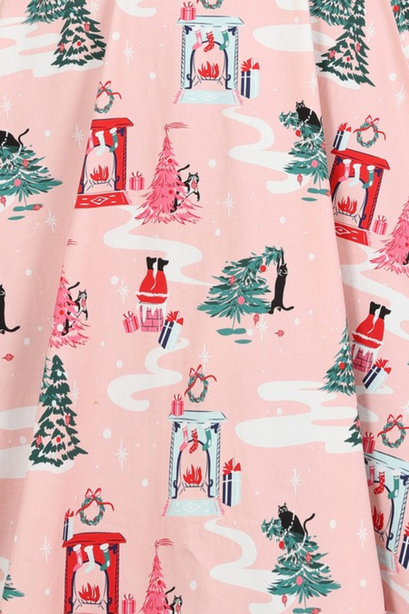 Bella Pink Cat Christmas Cotton Swing Dress - Curvique Vintage