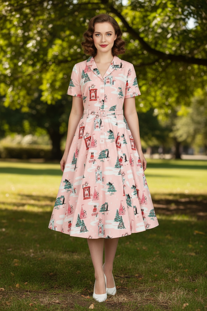 Bella Pink Cat Christmas Cotton Swing Dress - Curvique Vintage