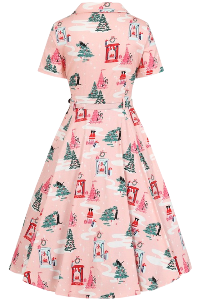 Bella Pink Cat Christmas Cotton Swing Dress - Curvique Vintage