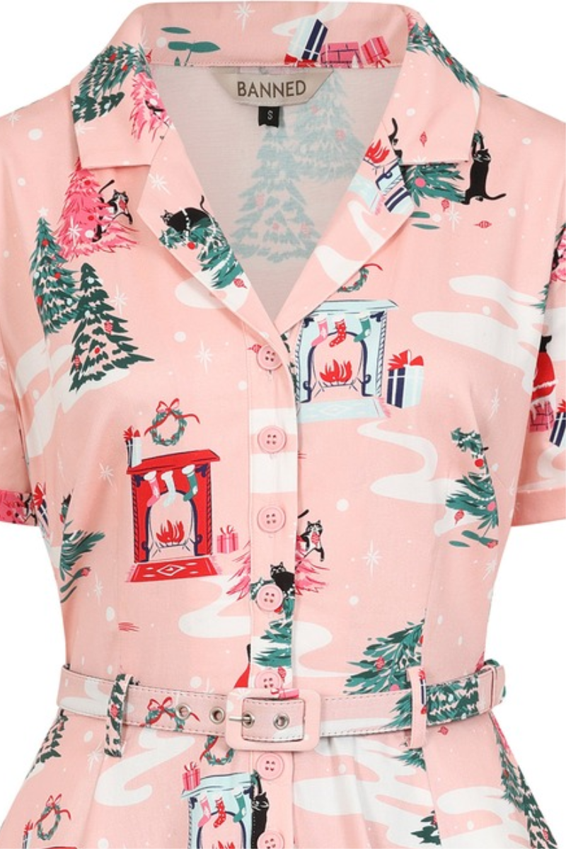 Bella Pink Cat Christmas Cotton Swing Dress - Curvique Vintage