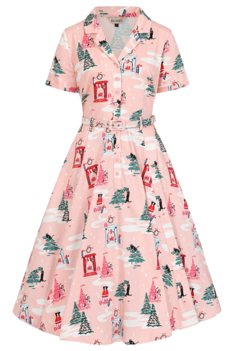 Bella Pink Cat Christmas Cotton Swing Dress - Curvique Vintage