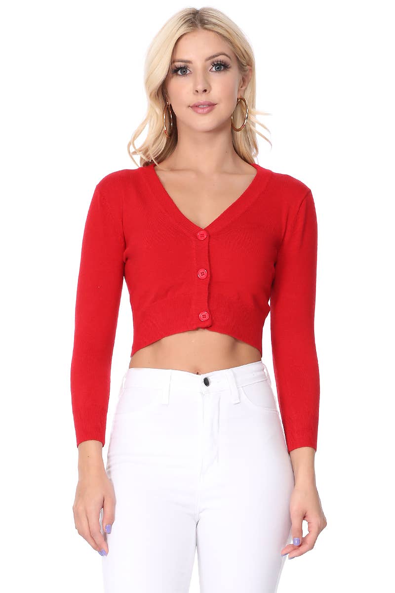 MAK Cropped 3/4 Sleeve V-Neck Cardigan - Grape - Curvique Vintage