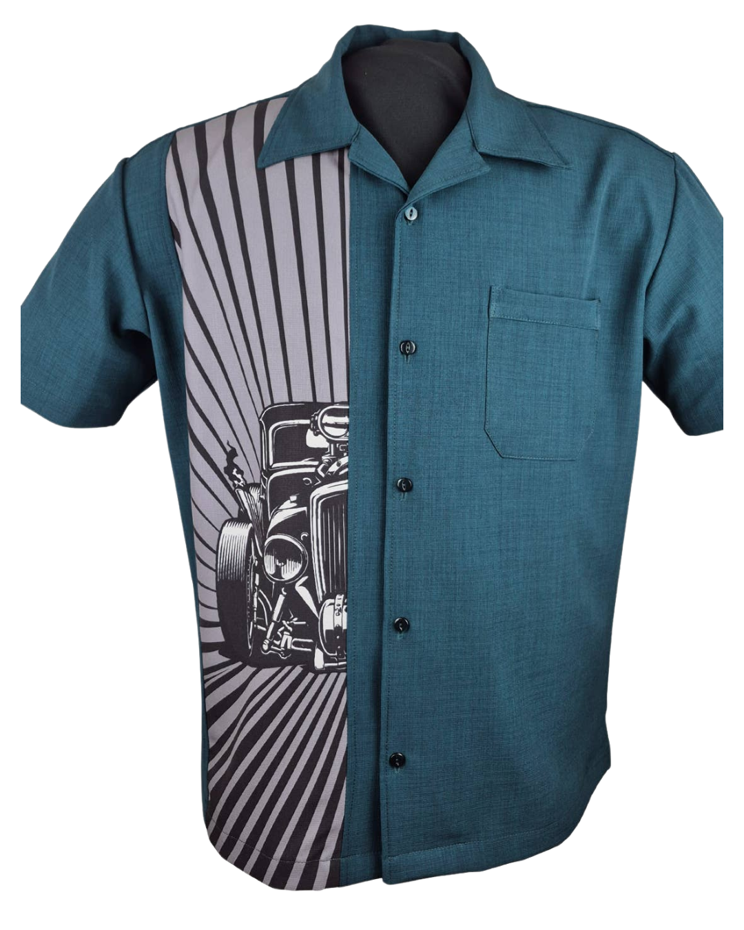 Men's Classic Hod Rod Burst Bowling Shirt - in Teal - Curvique Vintage