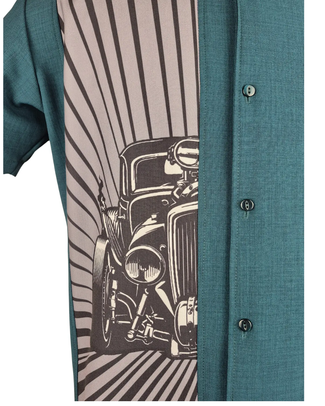 Men's Classic Hod Rod Burst Bowling Shirt - in Teal - Curvique Vintage
