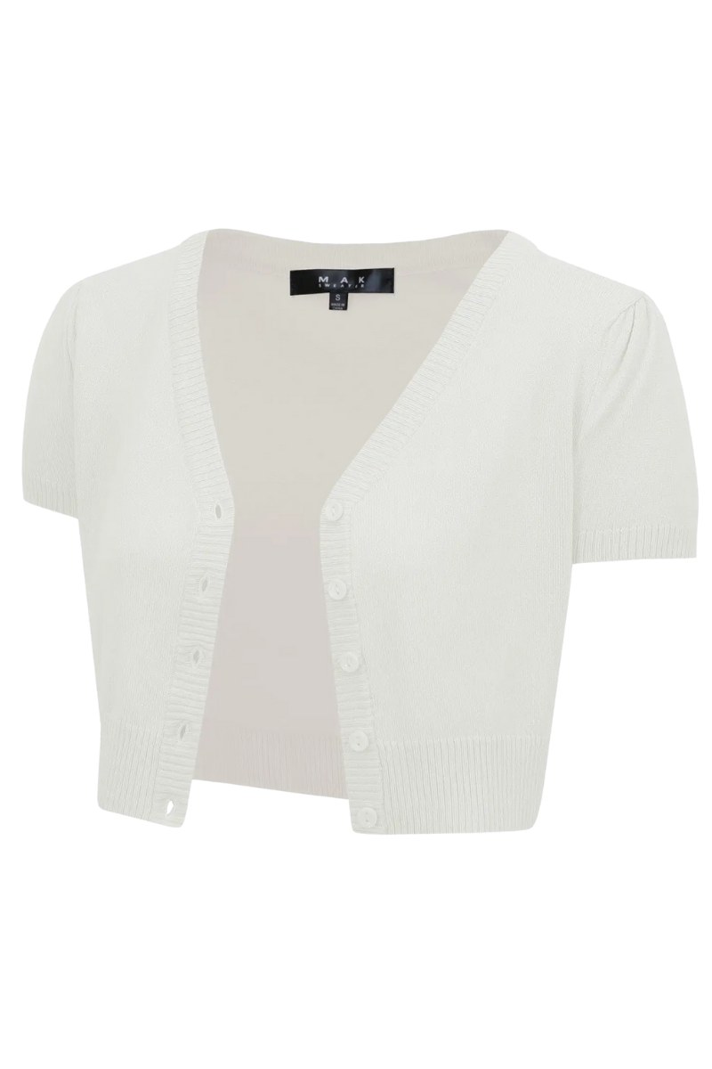 PLUS SIZE V Neck IVORY Cropped Button Down Short Sleeve Bolero - Curvique Vintage