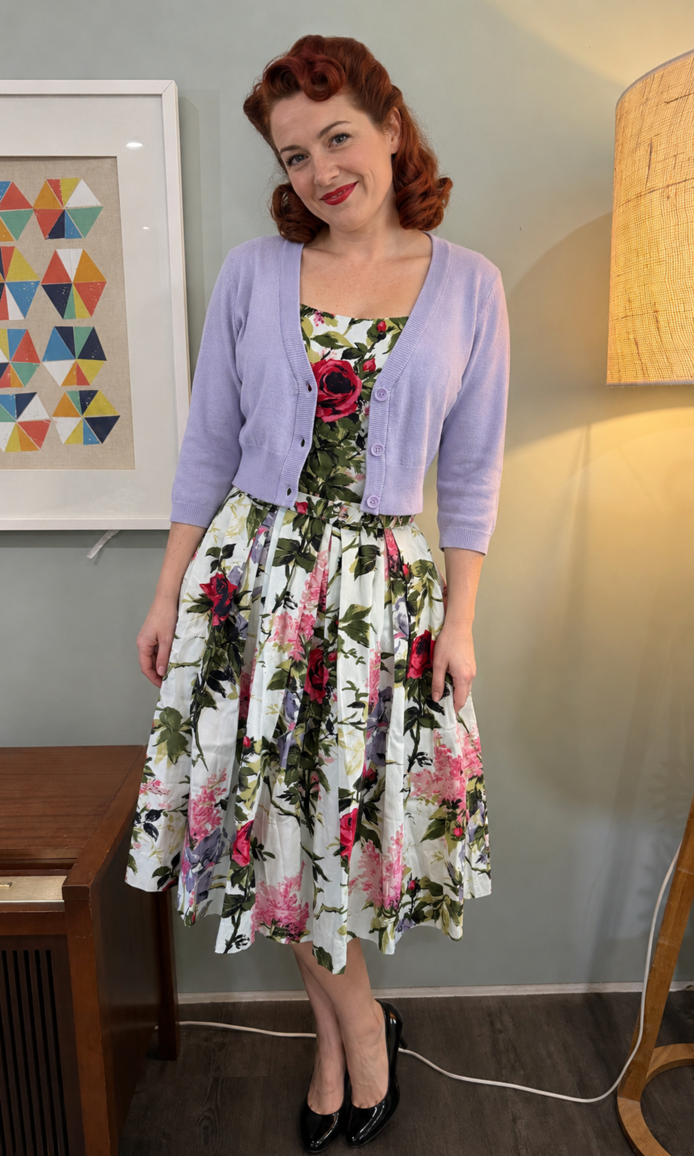 MAK Lilac Retro Style 3/4 Sleeve Cardigan - Curvique Vintage