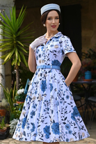 Maribel Blue Garden 50s Vintage Style Swing Dress - Curvique Vintage