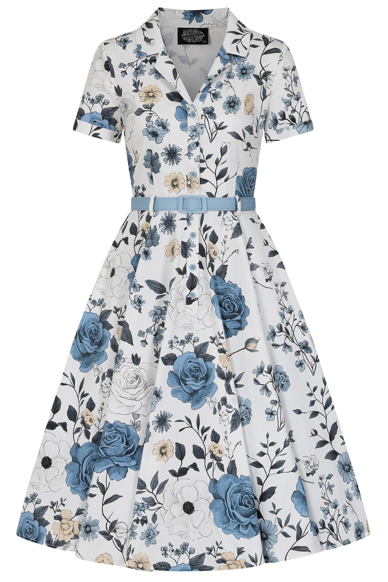 Maribel Blue Garden 50s Vintage Style Swing Dress - Curvique Vintage