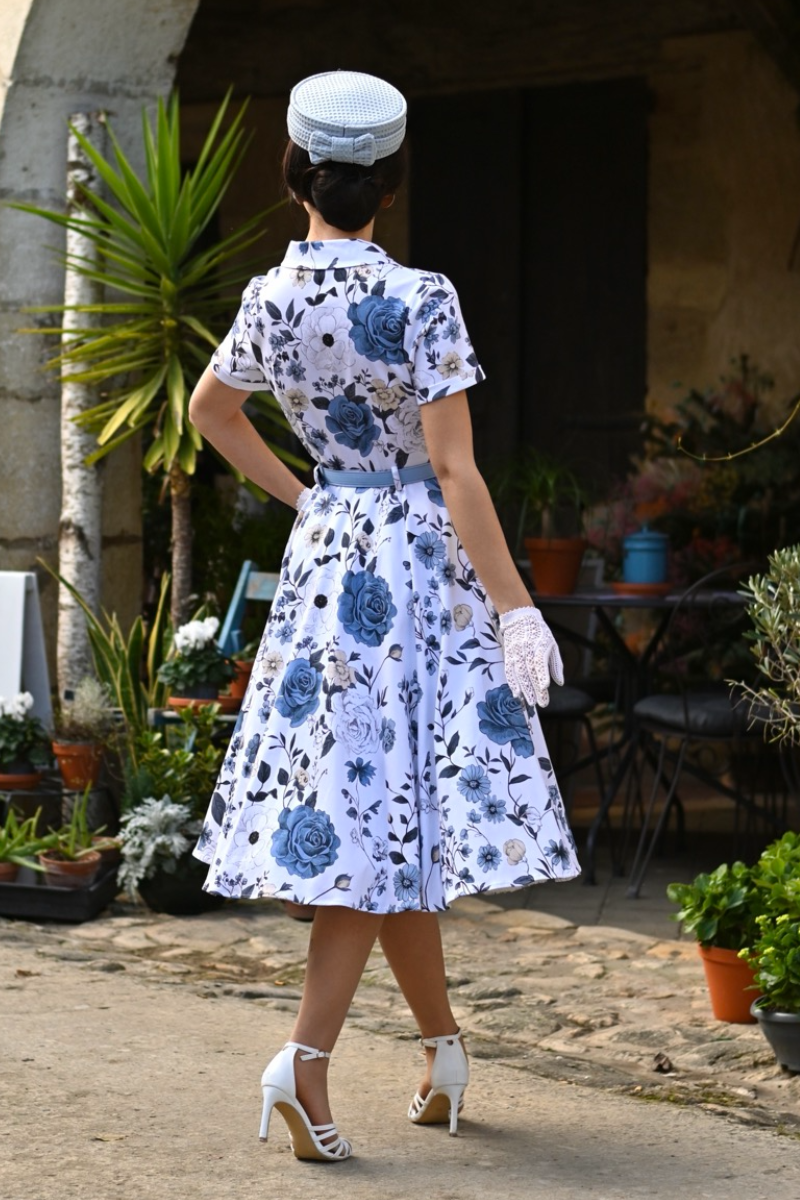 Maribel Blue Garden 50s Vintage Style Swing Dress - Curvique Vintage