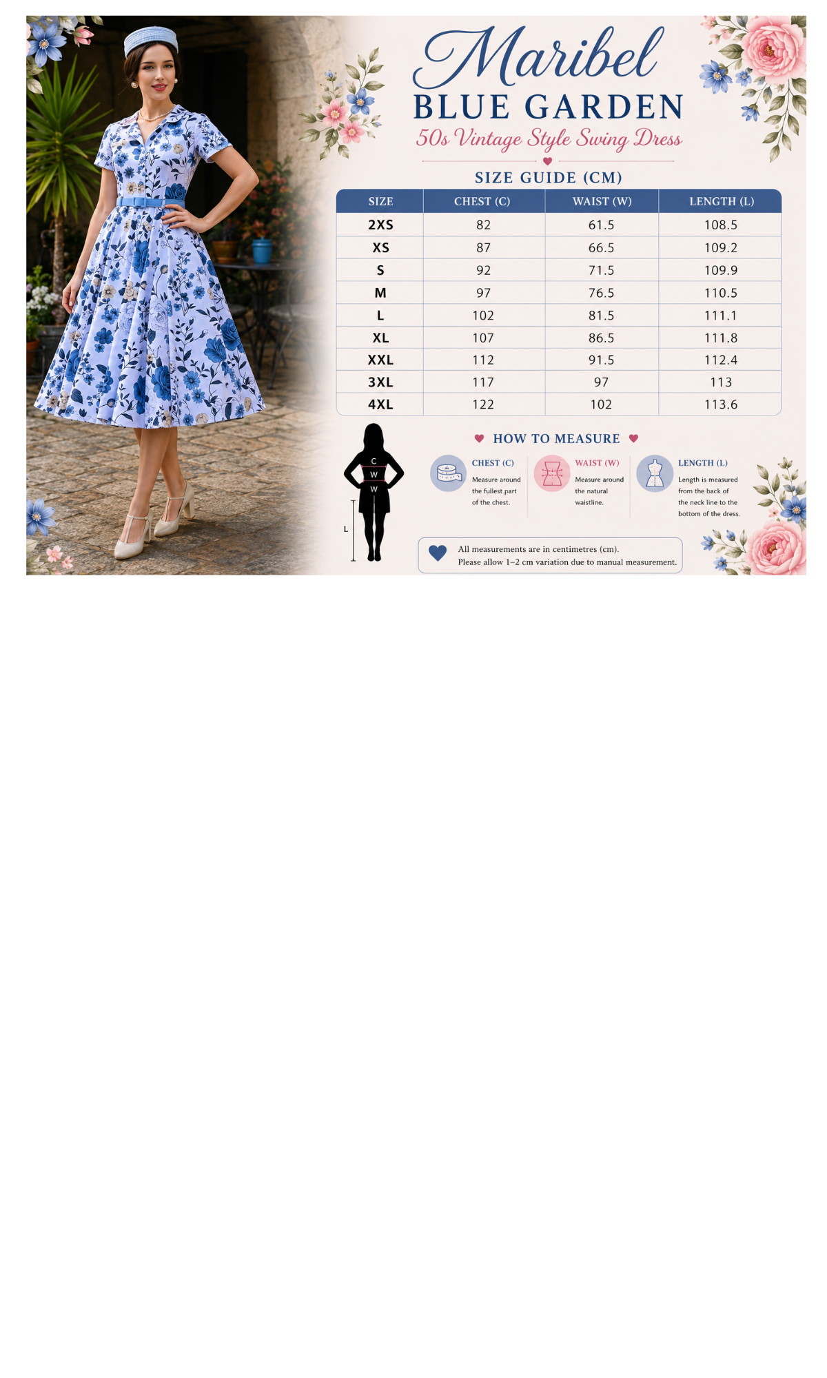 Maribel Blue Garden 50s Vintage Style Swing Dress - Curvique Vintage
