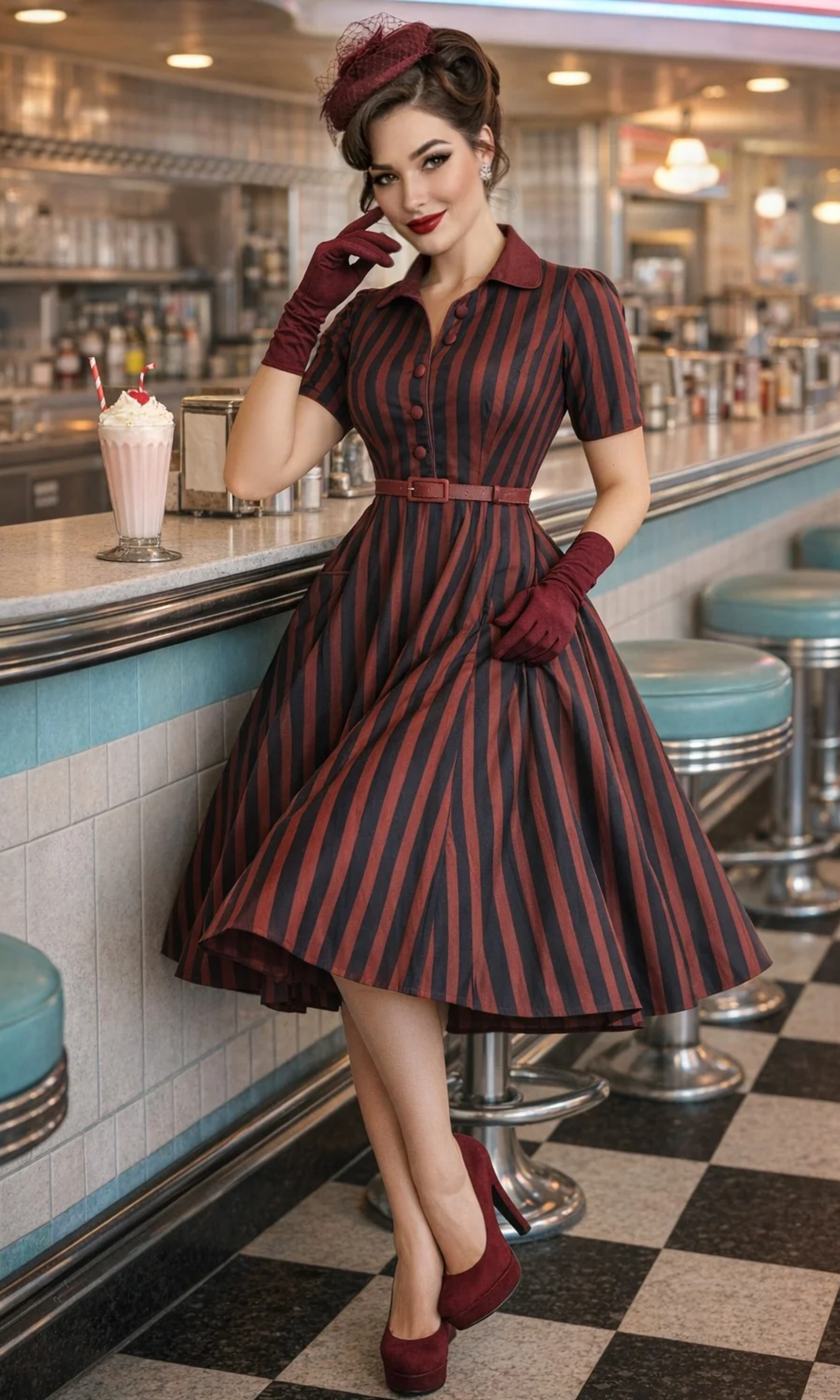 Penelope II Burgundy and Navy Striped Shirt Dress