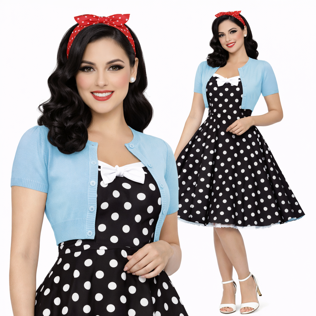 Short Sleeve SKY BLUE Crewneck Vintage Style Knit Bolero - Curvique Vintage