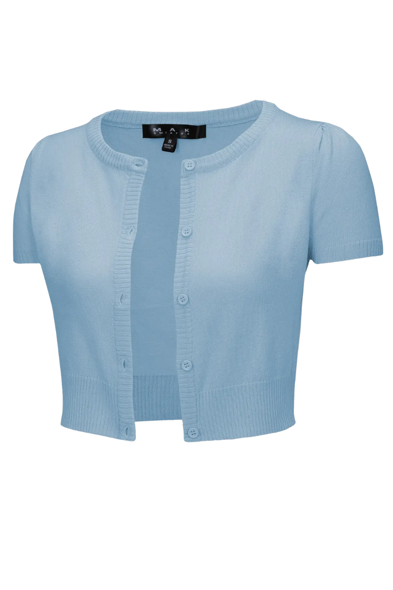 Short Sleeve SKY BLUE Crewneck Vintage Style Knit Bolero - Curvique Vintage