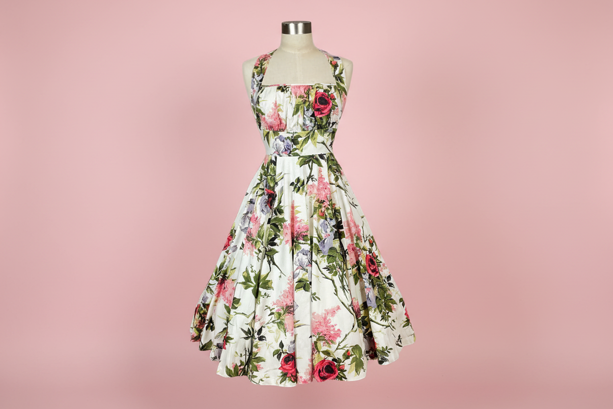 floral dress on a light pink professional photoshoot background

