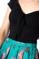 Black Vintage Inspired Deep Neckline Top with Bow Detail - Curvique Vintage