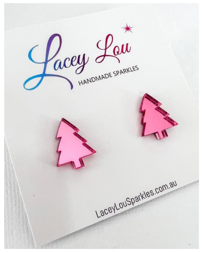 Christmas Tree Stud Earrings - Pink Mirror