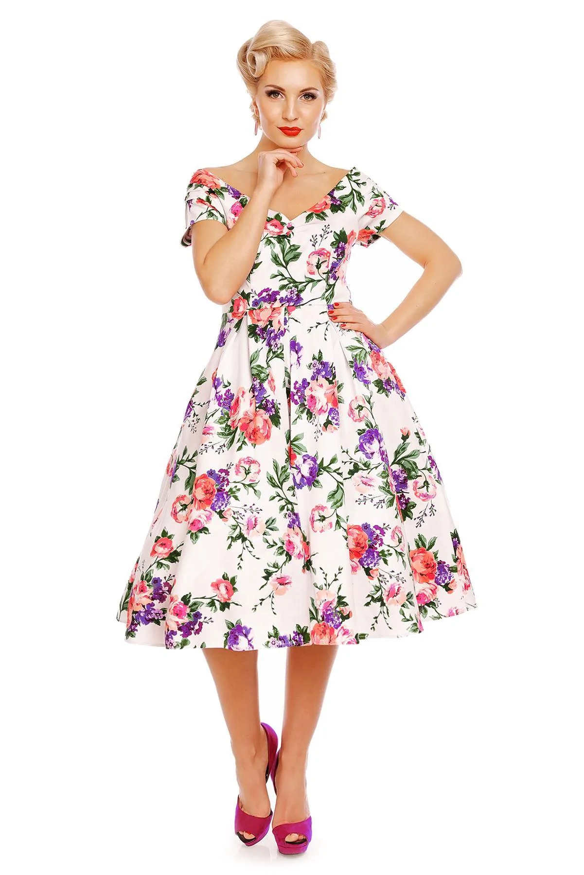 Lilly off shoulder pleated white floral 50s vintage dress – Curvique ...