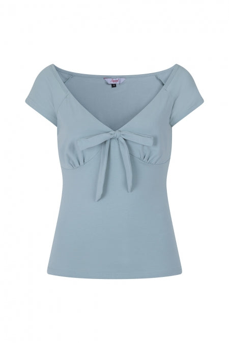 Mint Vintage Inspired Deep Neckline Top with Bow Detail - Curvique Vintage