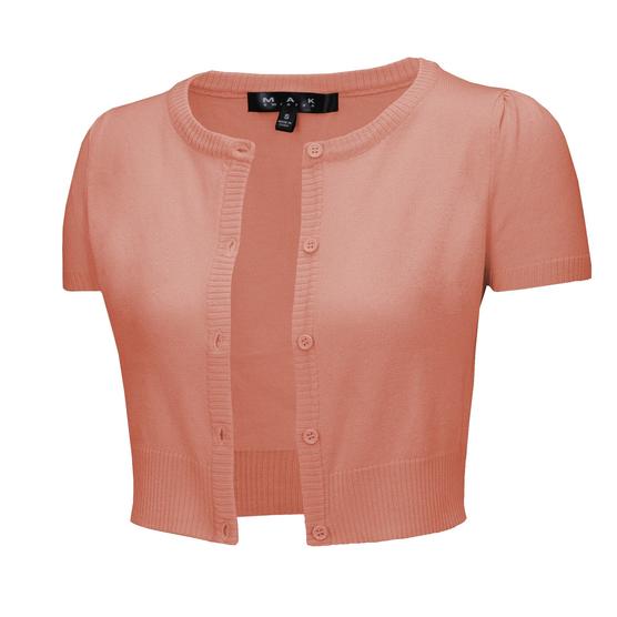 MAK Cropped Peach Beige Button Down Short Sleeve Bolero - Curvique Vintage