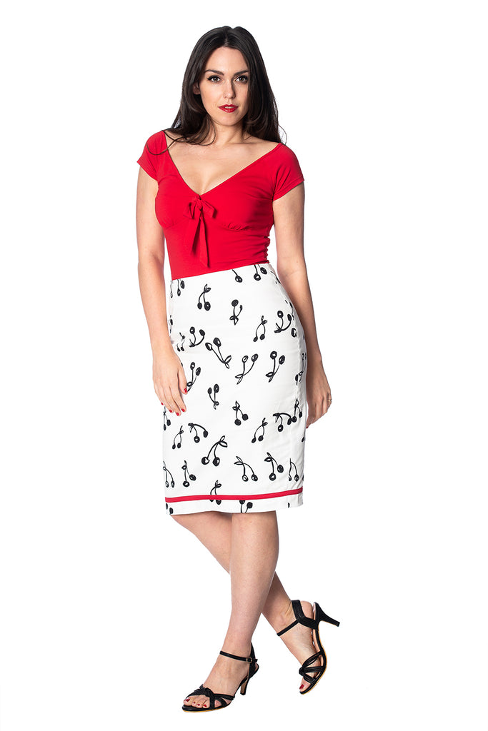 Red Vintage Inspired Deep Neckline Top with Bow Detail Plus Size - Curvique Vintage