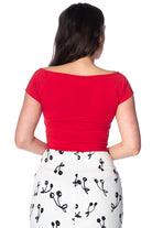 Red Vintage Inspired Deep Neckline Top with Bow Detail Plus Size - Curvique Vintage