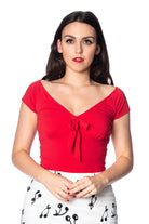 Red Vintage Inspired Deep Neckline Top with Bow Detail Plus Size - Curvique Vintage