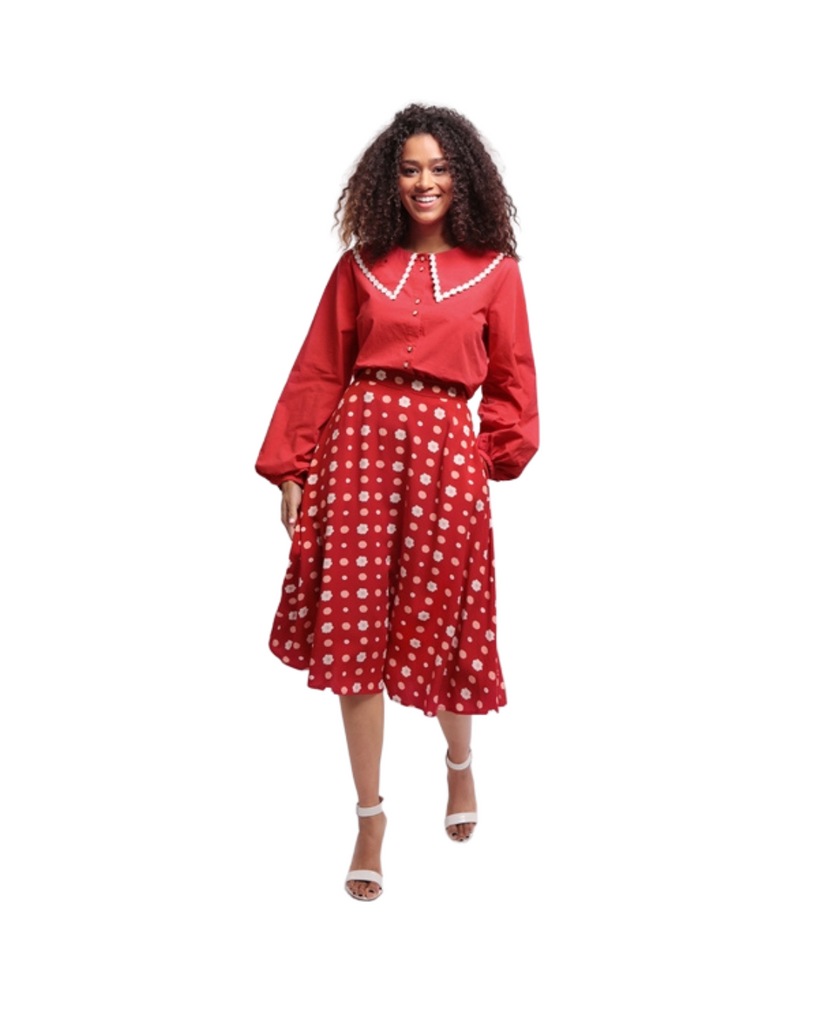 Carrie Polka Dot Red Floral Retro Skirt with Pockets